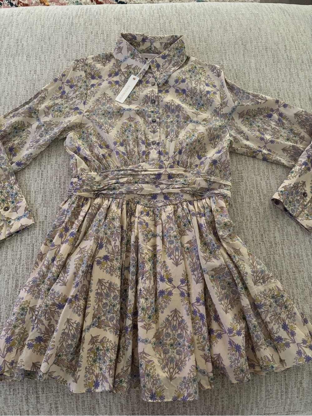 Olivaceous Beige Dress with Lavender Floral Print